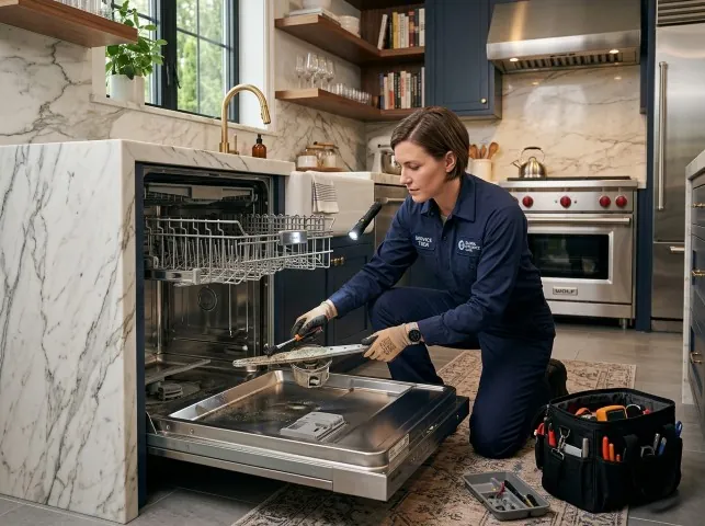 Appliance Repair Hero technician servicing a built-in dishwasher in a Bantam, CT kitchen