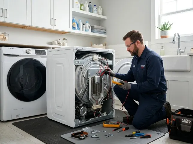 Appliance Repair Hero technician checking a dryer heating element with the rear panel off in Bantam, CT