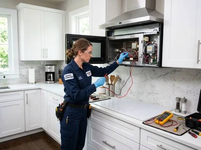 Appliance Repair Hero technician testing an over-the-range microwave in a Bantam, CT kitchen