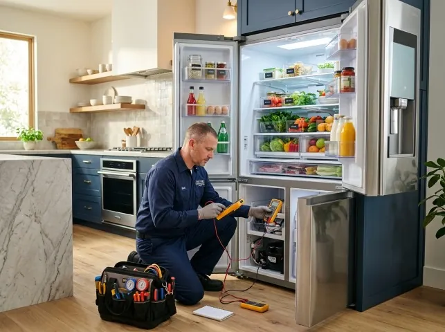 Appliance Repair Hero refrigerator technician testing a fridge on a Bantam, CT service call