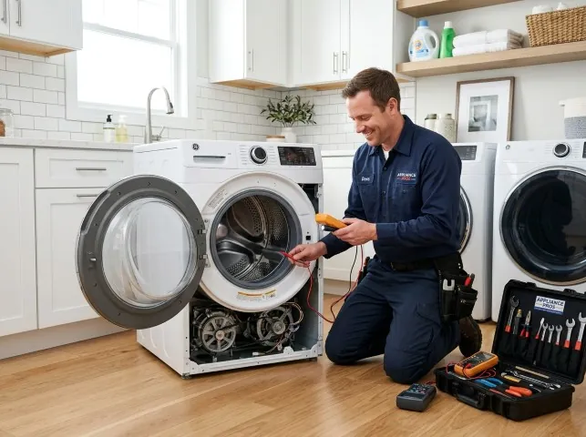 Appliance Repair Hero technician testing a front-load washer with a multimeter on a Bantam, CT service call